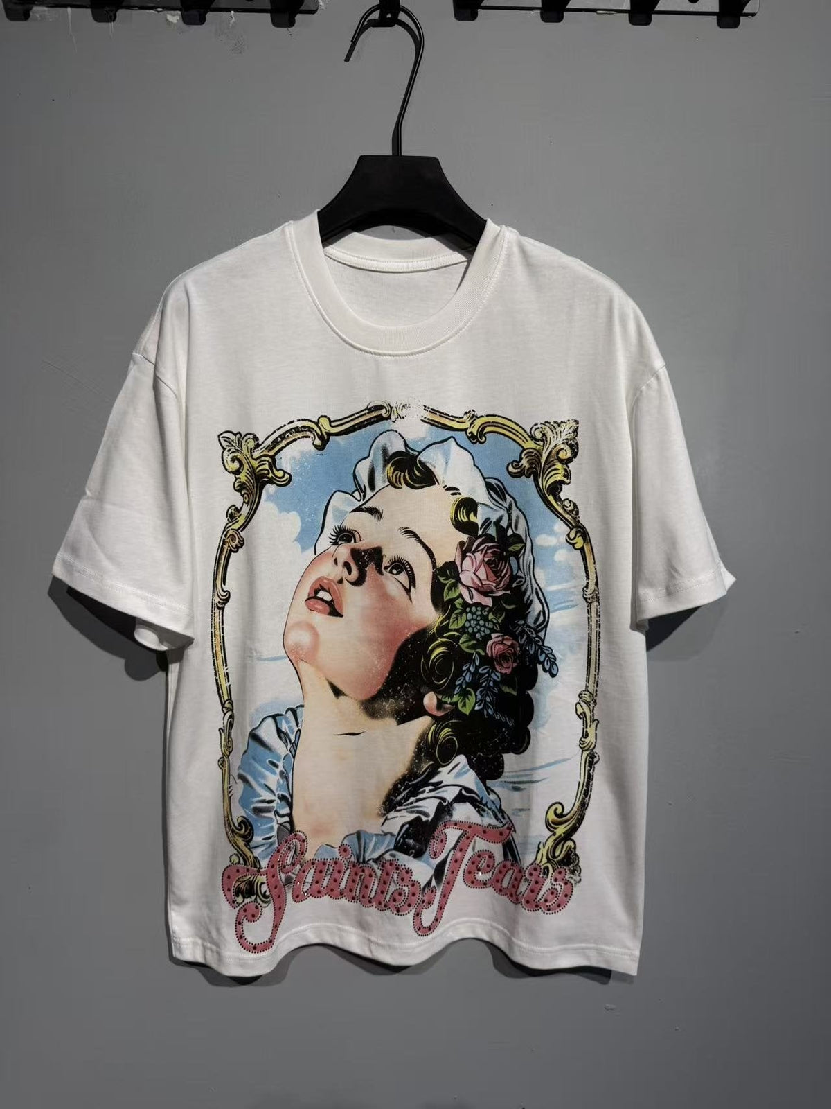 SAINT White Framed Woman Portrait Graphic T-Shirt ¡ª front